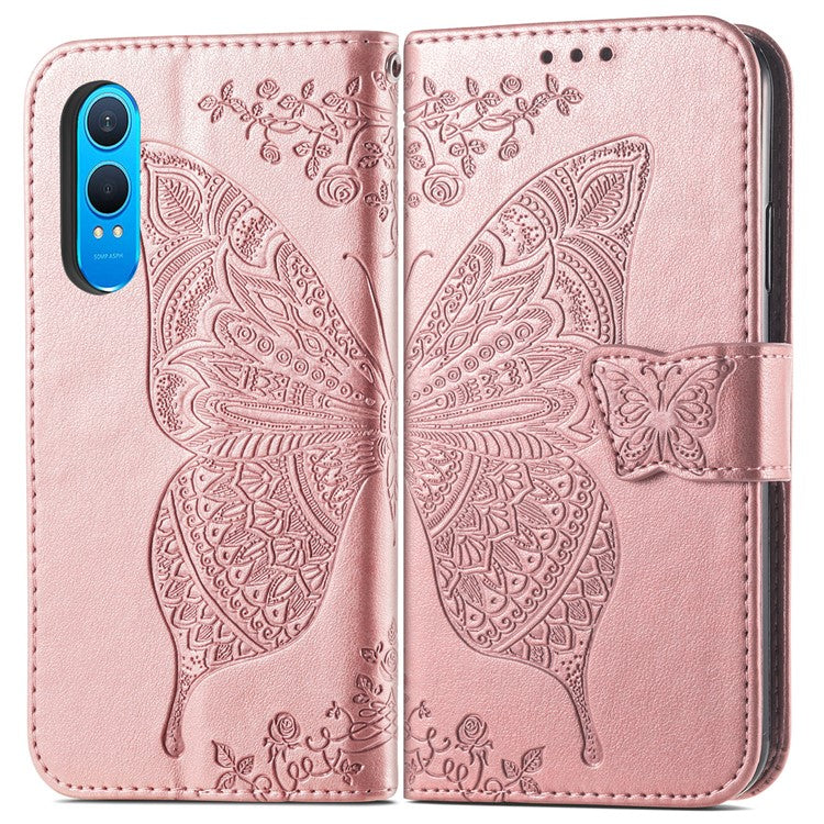 For OnePlus Nord CE4 Lite 5G / Oppo K12x 5G (China) Case PU Leather Wallet Phone Cover Butterfly Pattern - Rose Gold