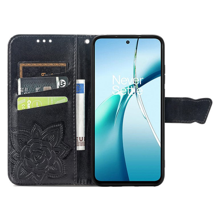 For OnePlus Nord CE4 Lite 5G / Oppo K12x 5G (China) Case PU Leather Wallet Phone Cover Butterfly Pattern - Black