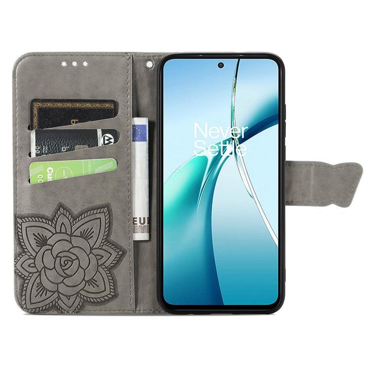For OnePlus Nord CE4 Lite 5G / Oppo K12x 5G (China) Case PU Leather Wallet Phone Cover Butterfly Pattern - Grey