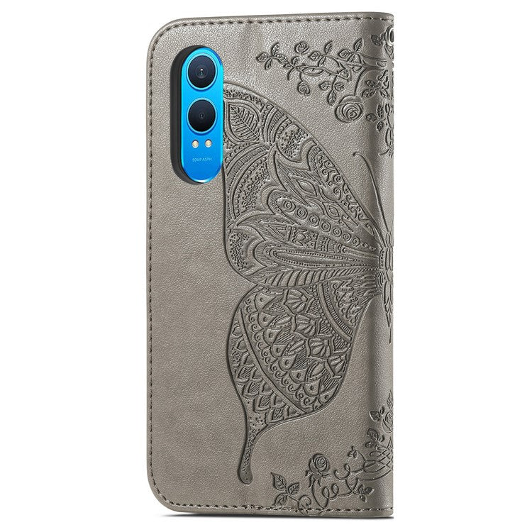 For OnePlus Nord CE4 Lite 5G / Oppo K12x 5G (China) Case PU Leather Wallet Phone Cover Butterfly Pattern - Grey