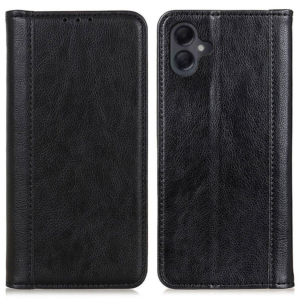 For Samsung Galaxy A06 Stand Case Split Leather Litchi Texture Wallet Phone Cover - Black