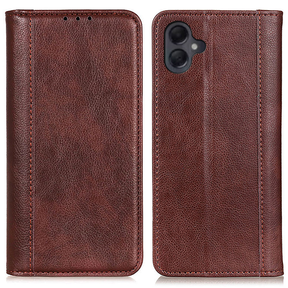 For Samsung Galaxy A06 Stand Case Split Leather Litchi Texture Wallet Phone Cover - Brown