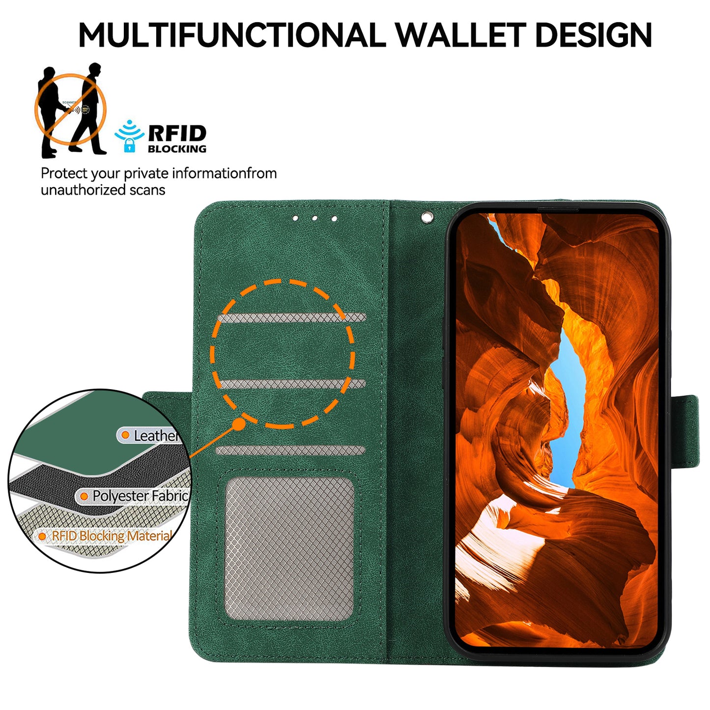 ABEEL For Samsung Galaxy A06 Case PU Leather Folio Stand View RFID Blocking Phone Cover - Green