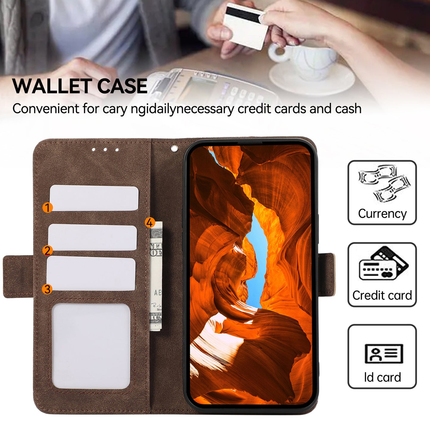 ABEEL For Samsung Galaxy A06 Case PU Leather Folio Stand View RFID Blocking Phone Cover - Brown