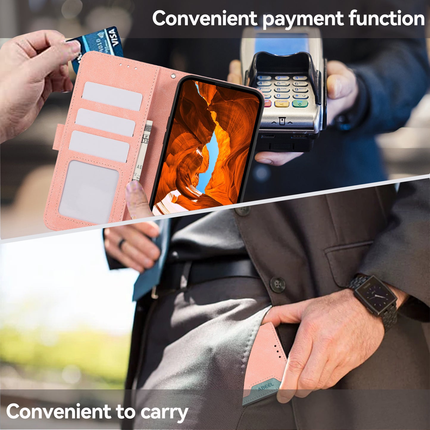 ABEEL For Samsung Galaxy A06 Case Color Splicing Leather Flip Phone Cover RFID Blocking - Pink