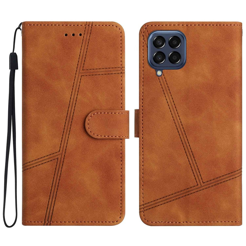 For Samsung Galaxy M33 5G (Global Version) Fully Wrapped Phone Case, Skin-touch Feeling Lines Imprinted Vintage PU Leather Magnetic Flip Cover with Wallet Stand - Brown