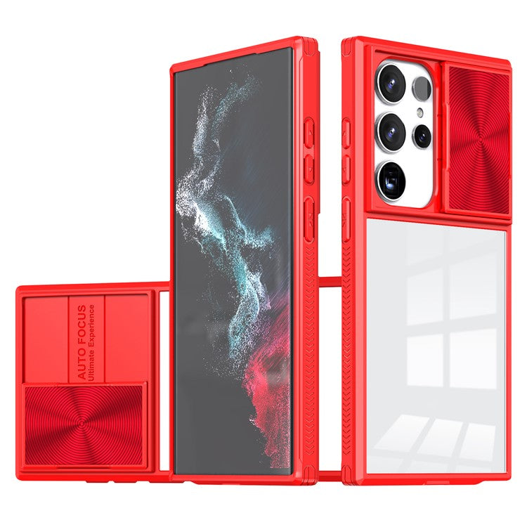 For Samsung Galaxy S24 Ultra Case TPU+PC Clear Phone Cover with CD-Veins Camera Lens Sliding Lid - Red