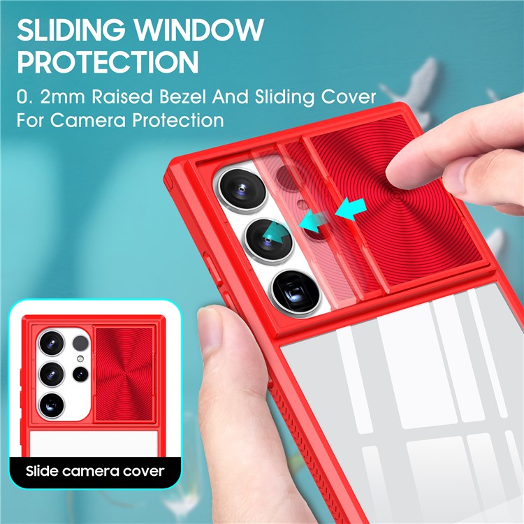 For Samsung Galaxy S24 Ultra Case TPU+PC Clear Phone Cover with CD-Veins Camera Lens Sliding Lid - Red