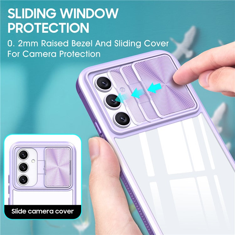 For Samsung Galaxy A15 4G / 5G Case TPU+PC Clear Phone Cover with CD-Veins Camera Lens Sliding Lid - Purple