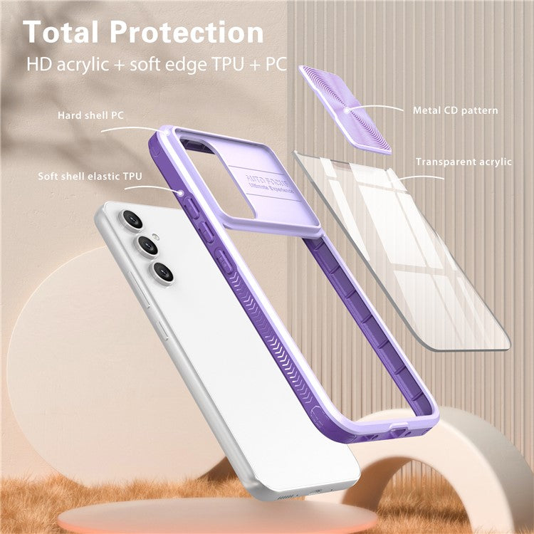 For Samsung Galaxy A15 4G / 5G Case TPU+PC Clear Phone Cover with CD-Veins Camera Lens Sliding Lid - Purple