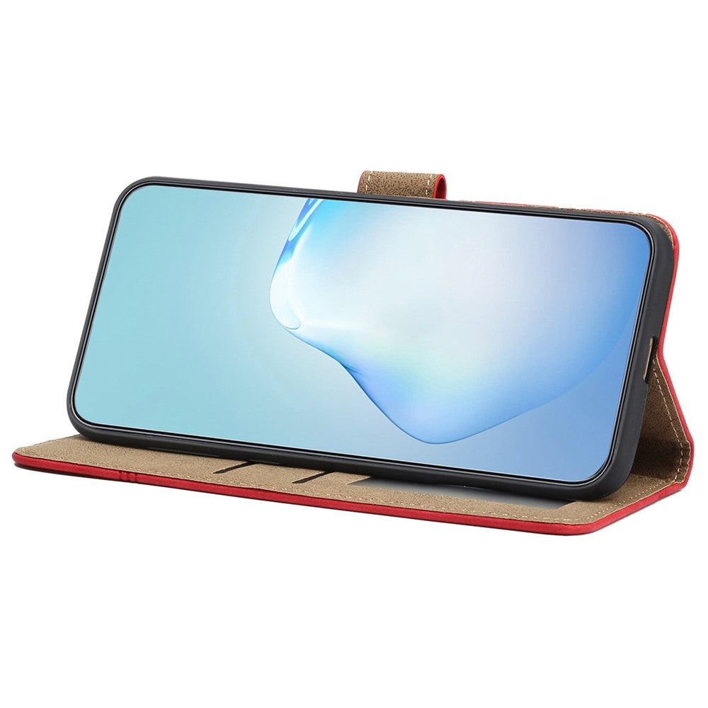 For Samsung Galaxy M53 5G Phone Case, Skin-touch Feeling Lines Imprinted Vintage PU Leather Magnetic Flip Cover with Wallet Stand - Red