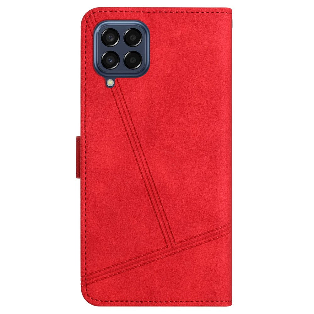 For Samsung Galaxy M53 5G Phone Case, Skin-touch Feeling Lines Imprinted Vintage PU Leather Magnetic Flip Cover with Wallet Stand - Red
