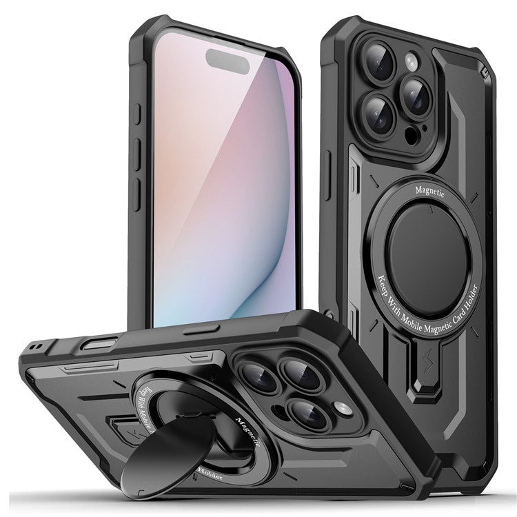 For iPhone 16 Pro Case Compatible with MagSafe Kickstand TPU+PC Phone Cover - Black