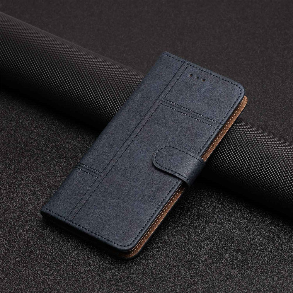 For Samsung Galaxy M53 5G Cowhide Texture PU Leather Business Case Lines Imprinted Wallet Sand Feature Flip Cover with Strap - Blue