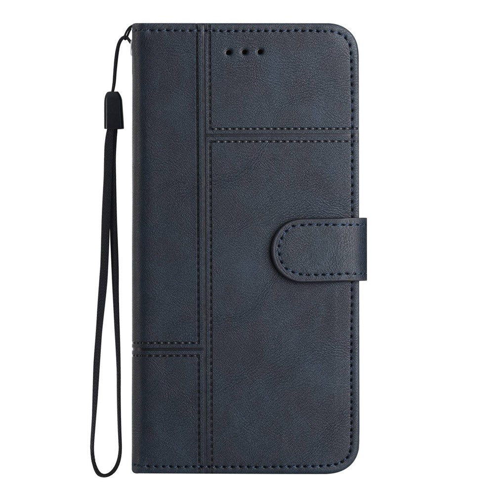 For Samsung Galaxy M53 5G Cowhide Texture PU Leather Business Case Lines Imprinted Wallet Sand Feature Flip Cover with Strap - Blue