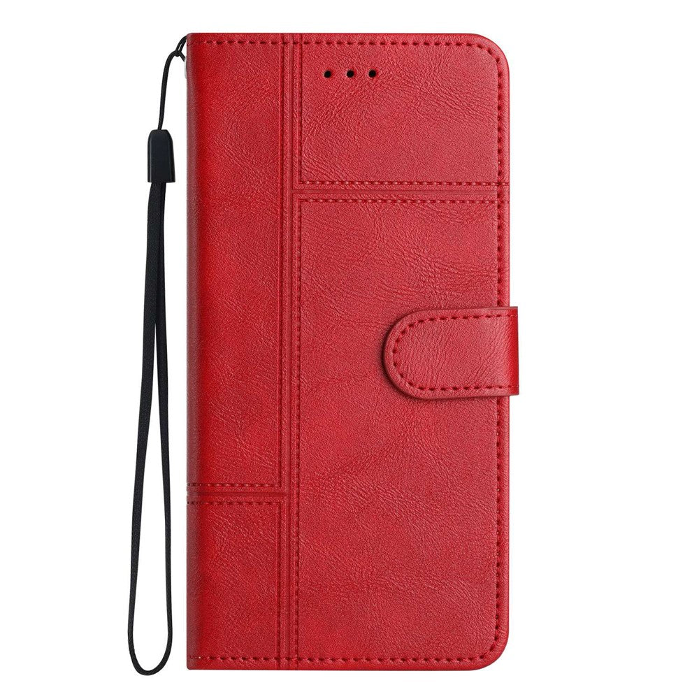 For Samsung Galaxy M53 5G Cowhide Texture PU Leather Business Case Lines Imprinted Wallet Sand Feature Flip Cover with Strap - Red