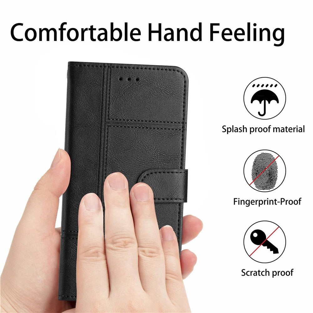 For Samsung Galaxy M53 5G Cowhide Texture PU Leather Business Case Lines Imprinted Wallet Sand Feature Flip Cover with Strap - Black