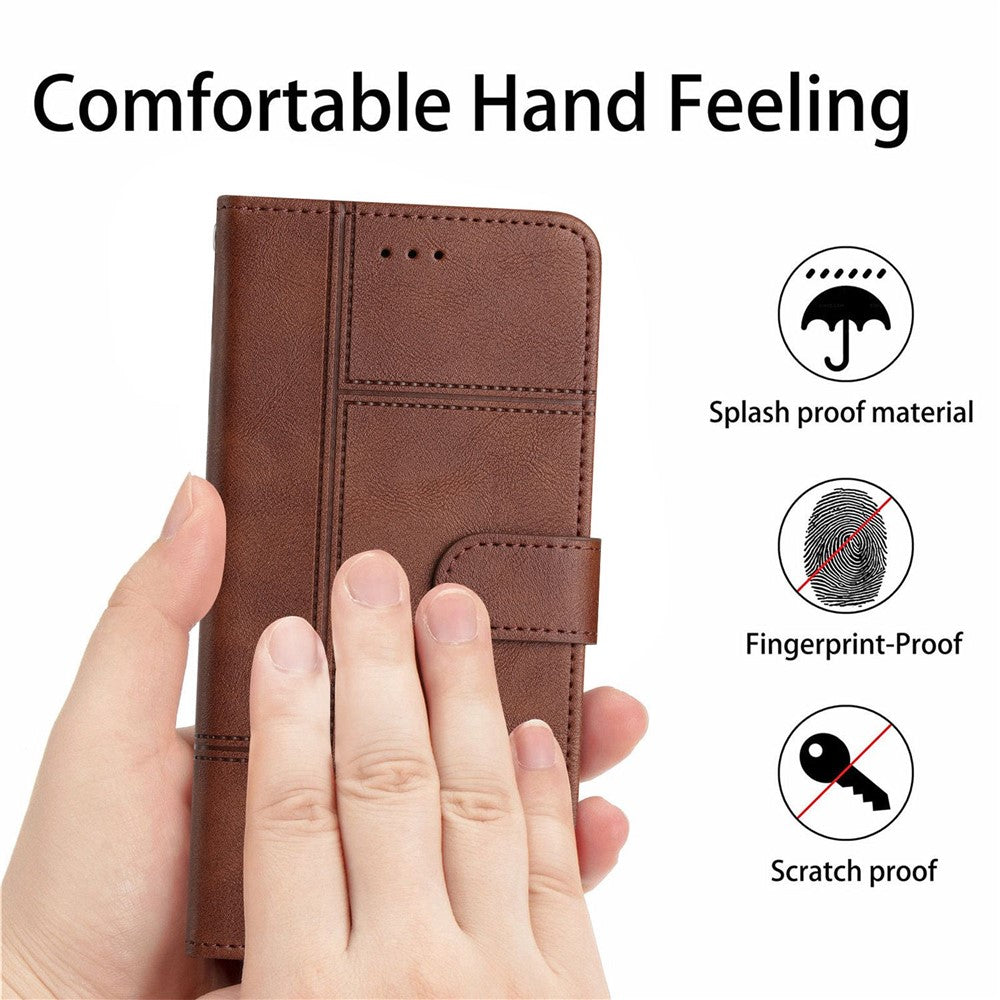 For Samsung Galaxy M53 5G Cowhide Texture PU Leather Business Case Lines Imprinted Wallet Sand Feature Flip Cover with Strap - Coffee