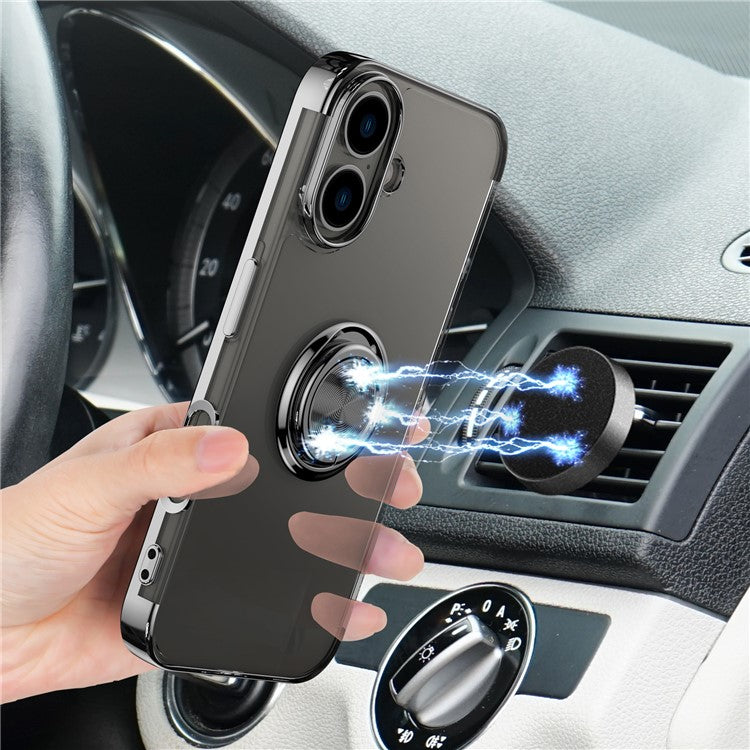 For iPhone 16 Case Electroplating Kickstand TPU Phone Cover Magnetic Car Mount - Black