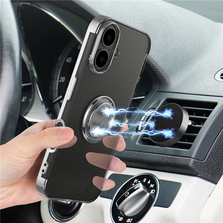 For iPhone 16 Case Electroplating Kickstand TPU Phone Cover Magnetic Car Mount - Silver