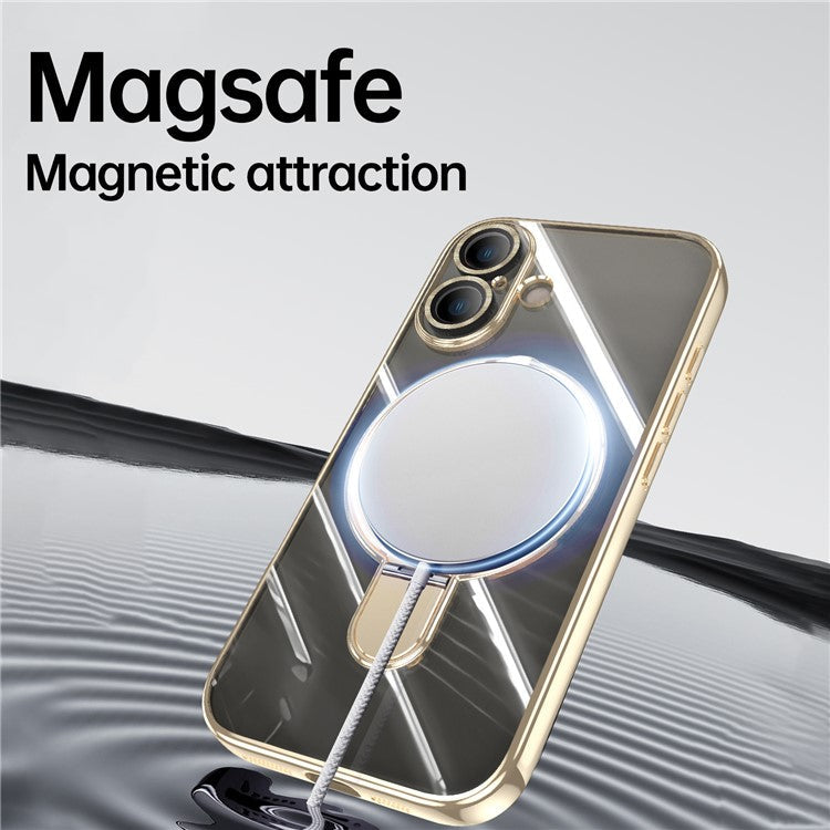 For iPhone 16 Plus Magnetic Case Electroplating Kickstand TPU Phone Cover - Gold