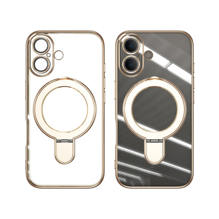 For iPhone 16 Plus Magnetic Case Electroplating Kickstand TPU Phone Cover - Gold