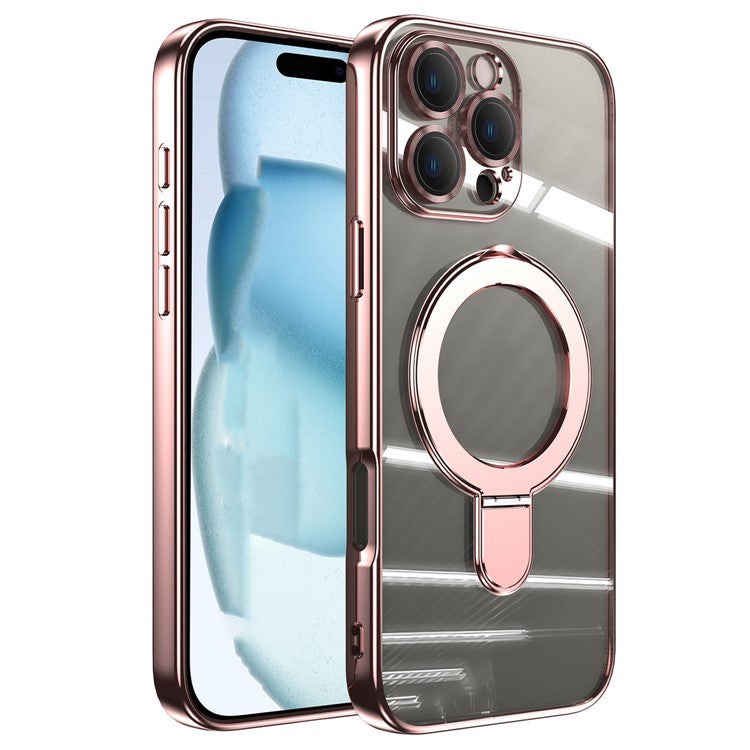 For iPhone 16 Pro Magnetic Case Electroplating Kickstand TPU Phone Cover - Rose Gold