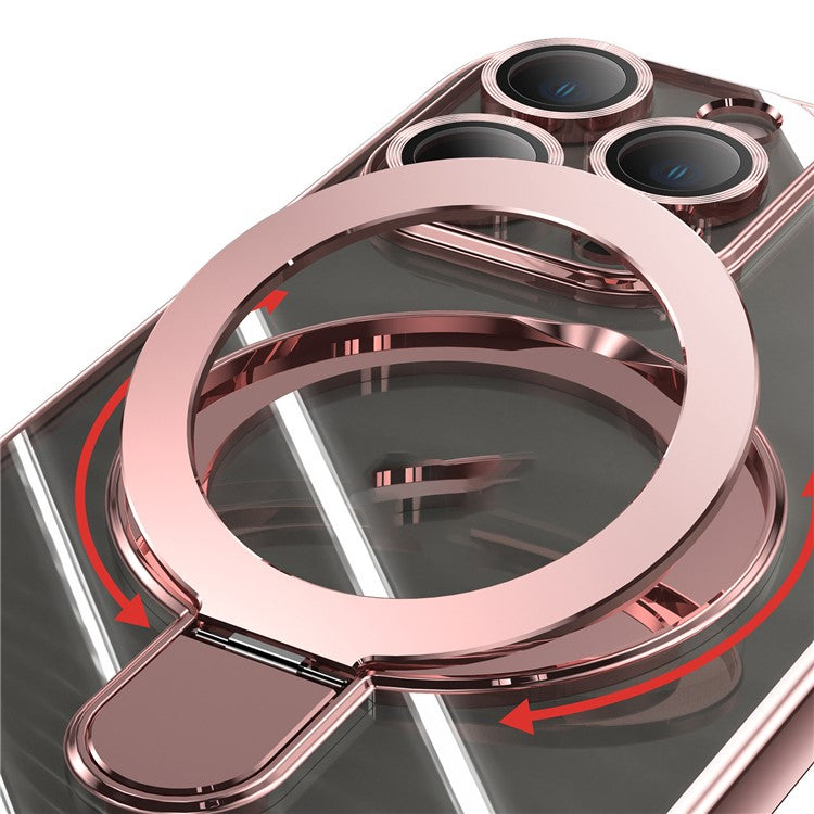 For iPhone 16 Pro Magnetic Case Electroplating Kickstand TPU Phone Cover - Rose Gold