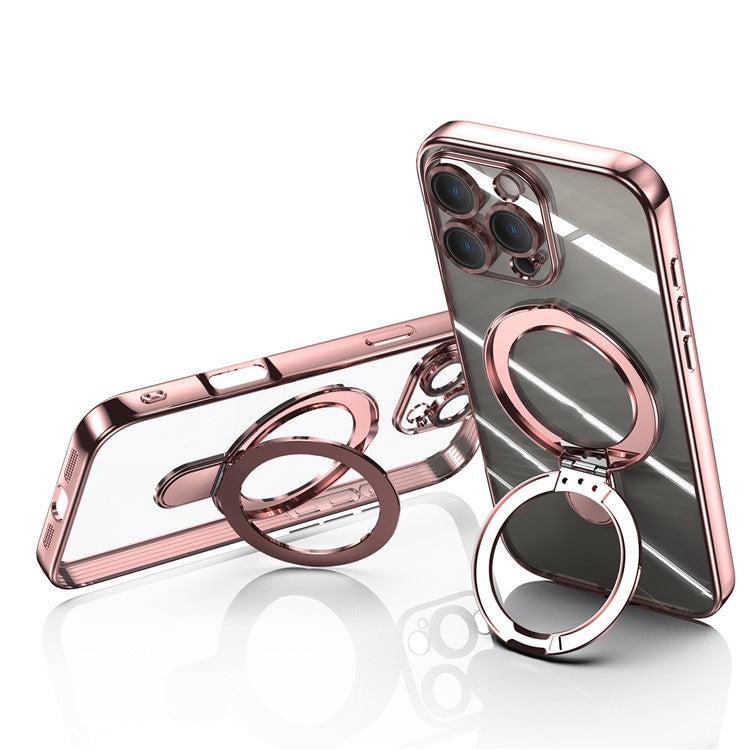 For iPhone 16 Pro Magnetic Case Electroplating Kickstand TPU Phone Cover - Rose Gold