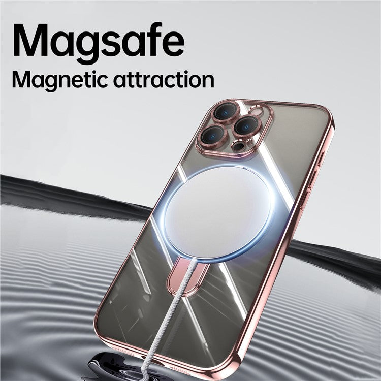 For iPhone 16 Pro Magnetic Case Electroplating Kickstand TPU Phone Cover - Rose Gold
