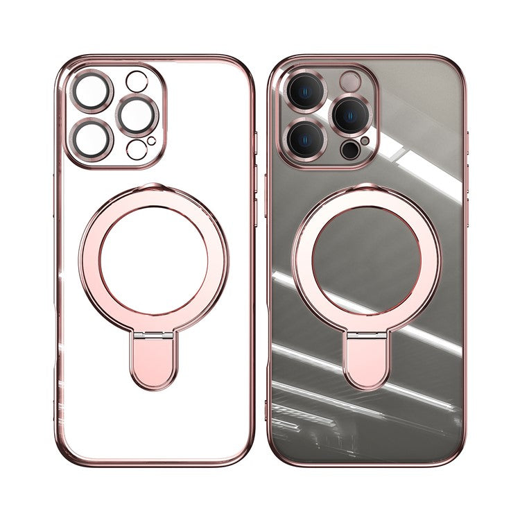 For iPhone 16 Pro Magnetic Case Electroplating Kickstand TPU Phone Cover - Rose Gold
