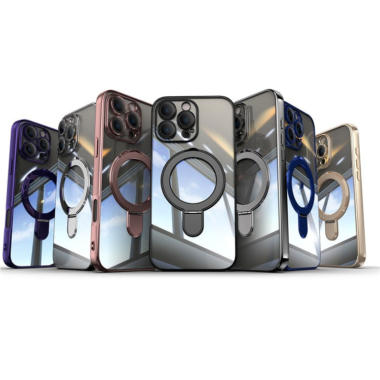 For iPhone 16 Pro Magnetic Case Electroplating Kickstand TPU Phone Cover - Rose Gold