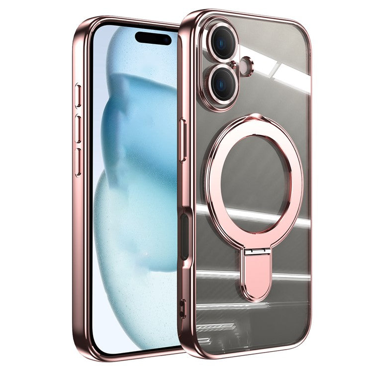 For iPhone 16 Magnetic Case Electroplating Kickstand TPU Phone Cover - Rose Gold