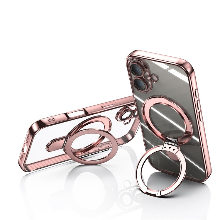 For iPhone 16 Magnetic Case Electroplating Kickstand TPU Phone Cover - Rose Gold