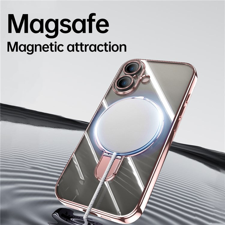 For iPhone 16 Magnetic Case Electroplating Kickstand TPU Phone Cover - Rose Gold