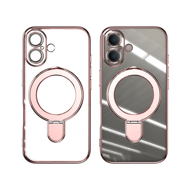 For iPhone 16 Magnetic Case Electroplating Kickstand TPU Phone Cover - Rose Gold