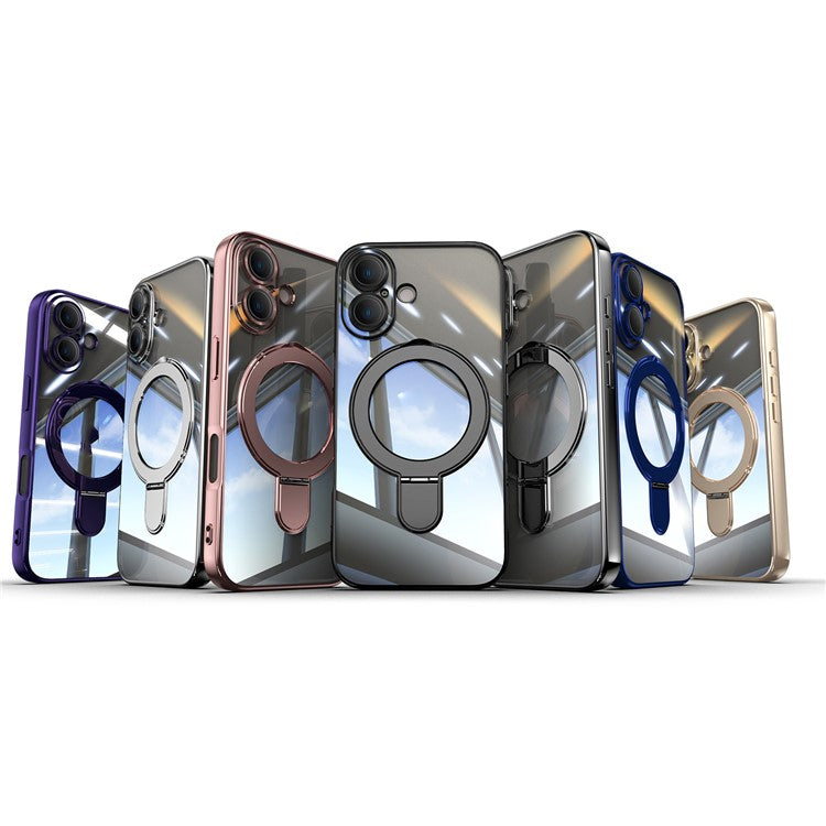 For iPhone 16 Magnetic Case Electroplating Kickstand TPU Phone Cover - Rose Gold