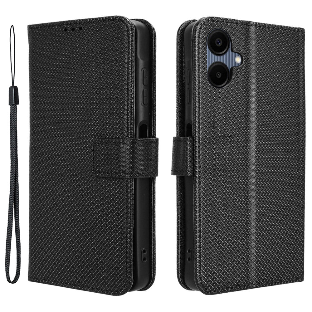 For Samsung Galaxy A06 Case PU Leather Diamond Texture Wallet Phone Cover - Black