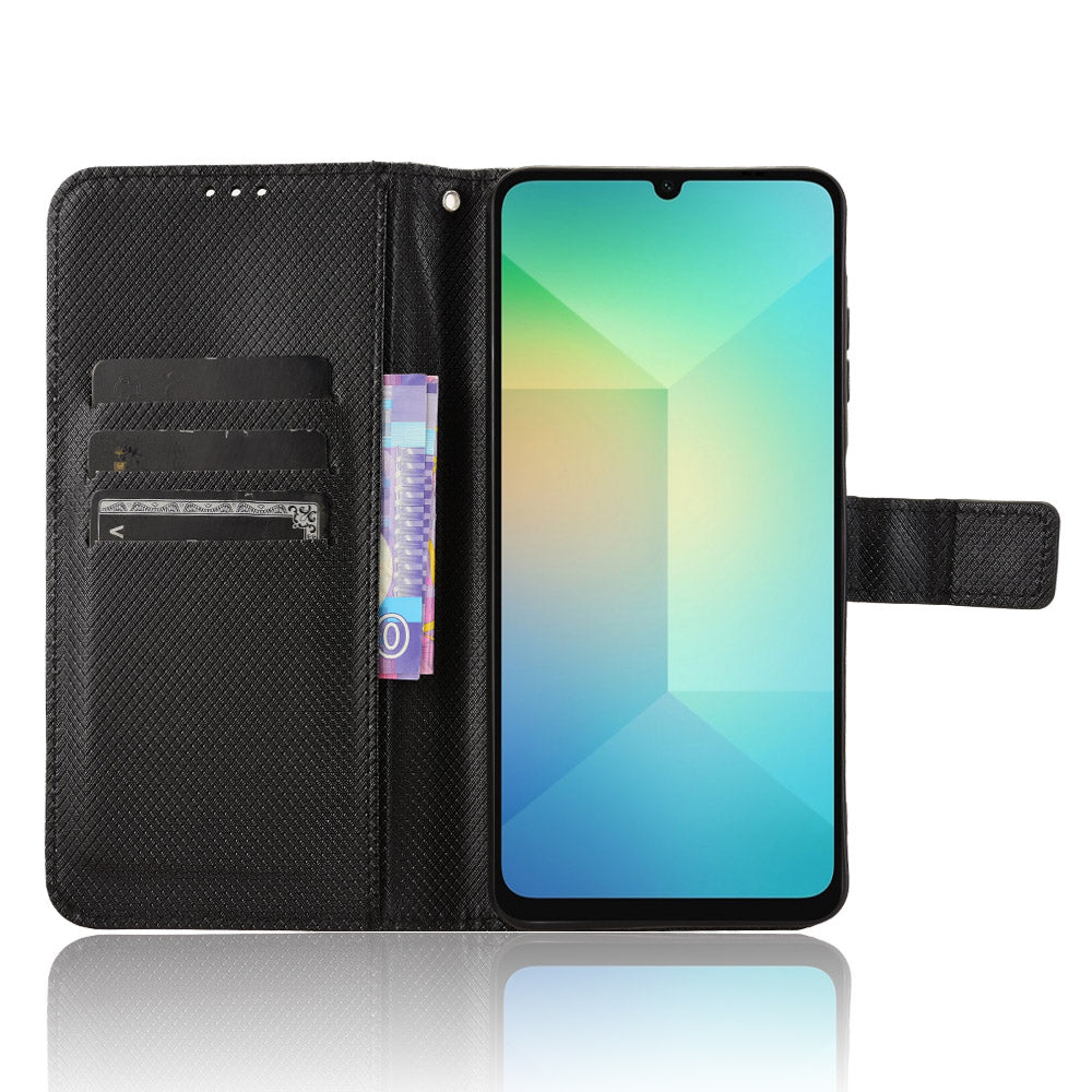 For Samsung Galaxy A06 Case PU Leather Diamond Texture Wallet Phone Cover - Black