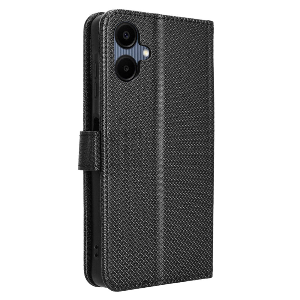 For Samsung Galaxy A06 Case PU Leather Diamond Texture Wallet Phone Cover - Black