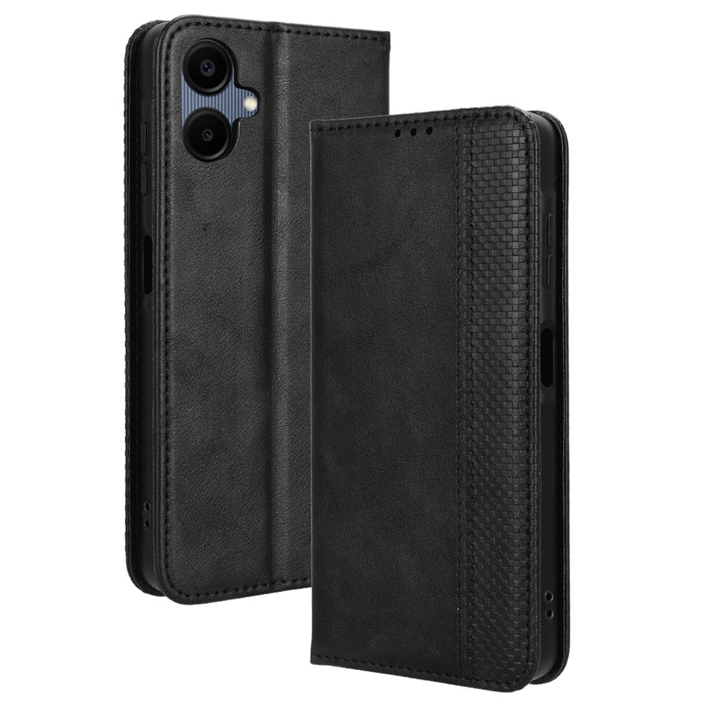 For Samsung Galaxy A06 Leather Case Wallet Stand Retro Texture Phone Cover - Black