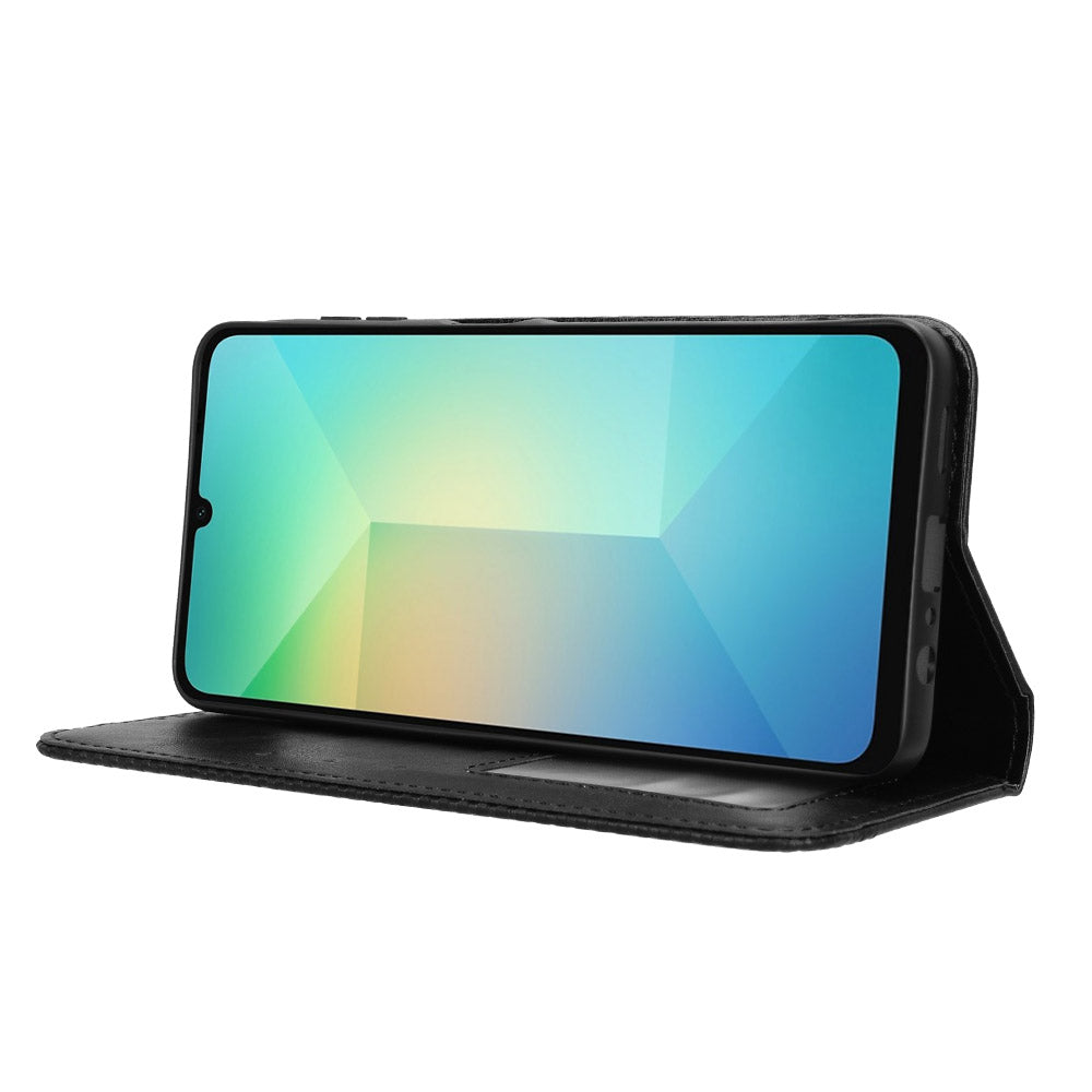 For Samsung Galaxy A06 Leather Case Wallet Stand Retro Texture Phone Cover - Black