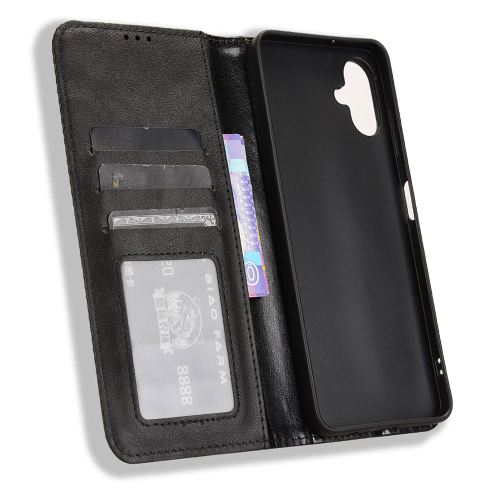 For Samsung Galaxy A06 Leather Case Wallet Stand Retro Texture Phone Cover - Black