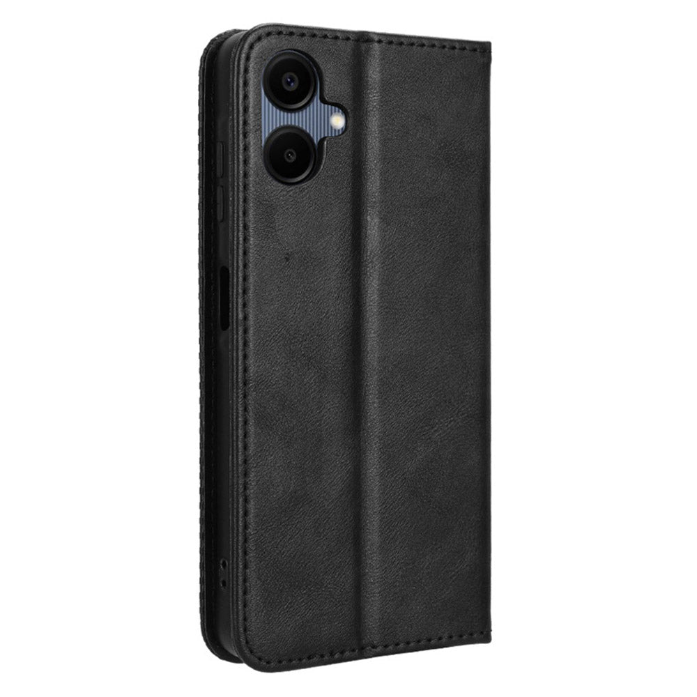 For Samsung Galaxy A06 Leather Case Wallet Stand Retro Texture Phone Cover - Black