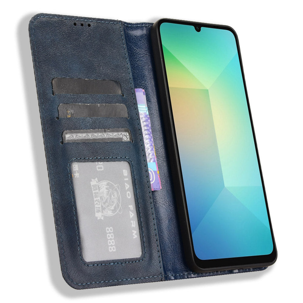 For Samsung Galaxy A06 Leather Case Wallet Stand Retro Texture Phone Cover - Blue