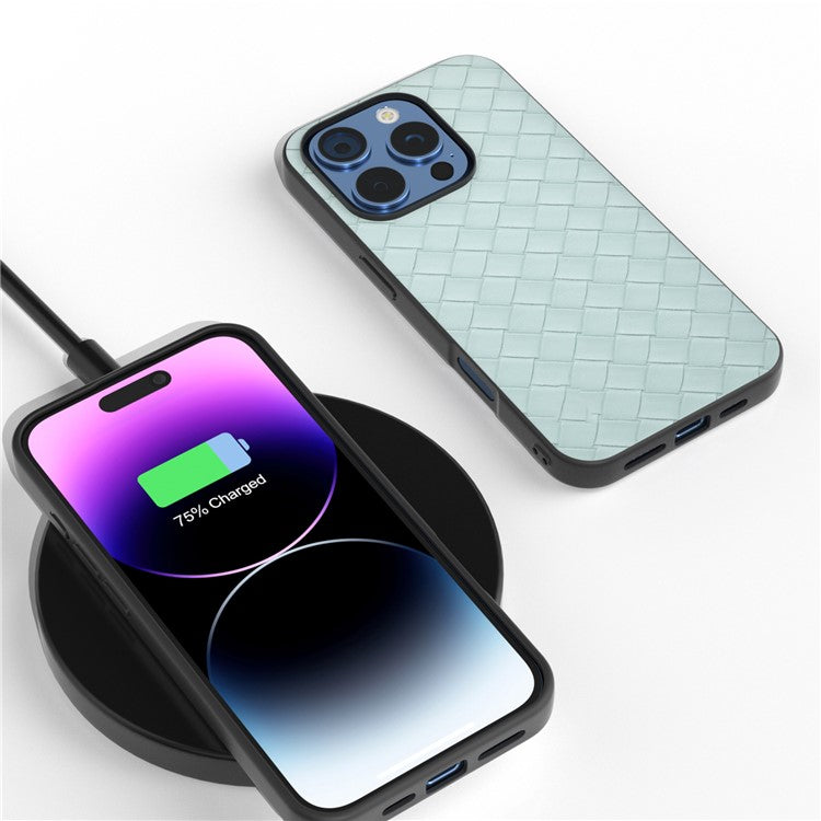 For iPhone 16 Pro Case Woven Texture PU Leather Coated PC+TPU Mobile Phone Cover - Light Green