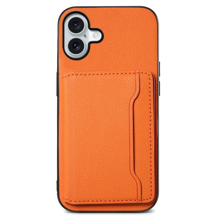 For iPhone 16 Plus Case Card Holder Kickstand Leather Coated PC+TPU Phone Cover - Orange