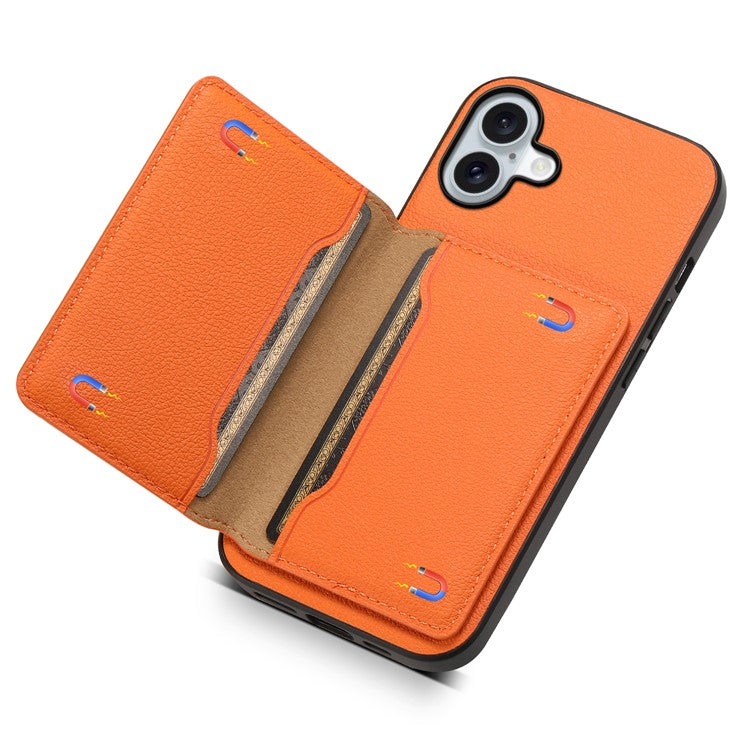 For iPhone 16 Plus Case Card Holder Kickstand Leather Coated PC+TPU Phone Cover - Orange