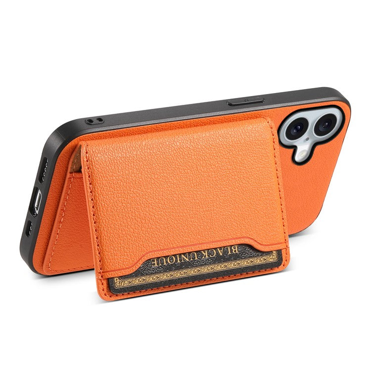 For iPhone 16 Plus Case Card Holder Kickstand Leather Coated PC+TPU Phone Cover - Orange