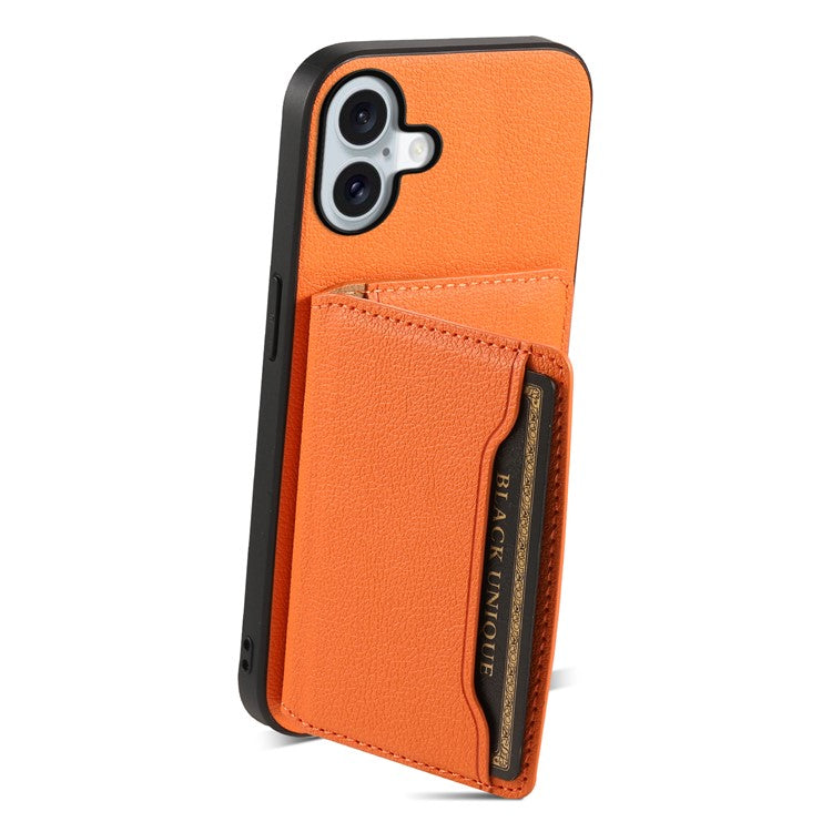 For iPhone 16 Plus Case Card Holder Kickstand Leather Coated PC+TPU Phone Cover - Orange